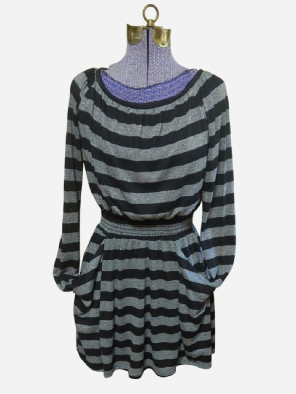 Velvet Torch Black and Gray Striped Long-Sleeve Waist-Tab Dress